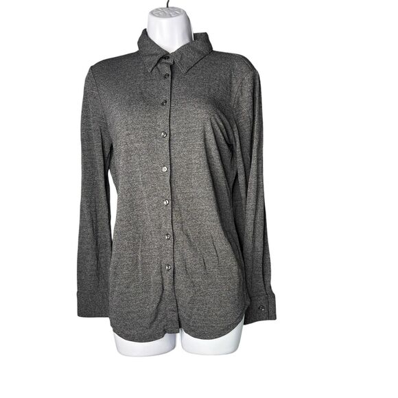 Express Tops - Express Stretch Button Front Shirt Top LARGE Heathered Gray Collared Long Sleeve